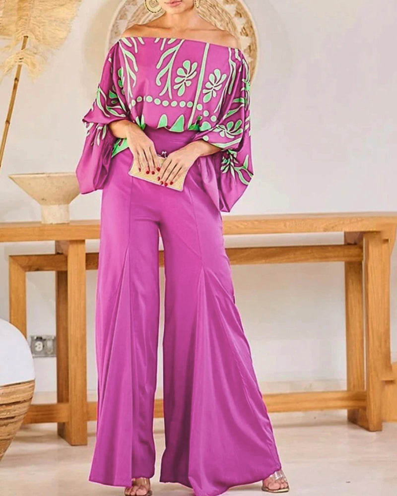 2 Pieces Outfit Tropical Print Lantern Sleeve Cold Shoulder Loose Top and Casual High Waist Fishtail Maxi Skirt Set