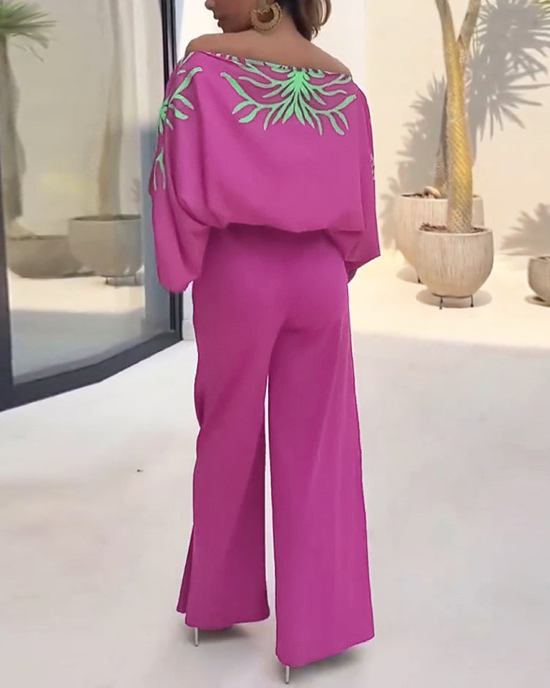 2 Pieces Outfit Tropical Print Lantern Sleeve Cold Shoulder Loose Top and Casual High Waist Fishtail Maxi Skirt Set