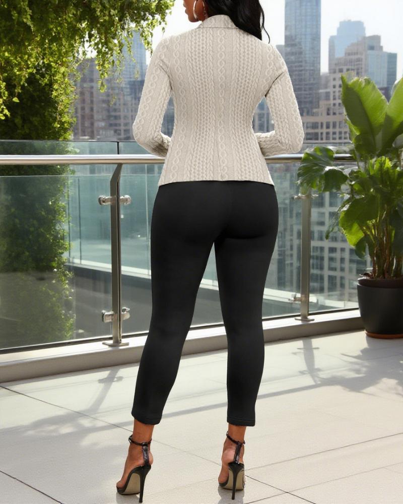 Open Front Long Sleeve Cinched Waist Kint Jacquard Coat