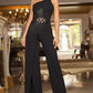 One Shoulder Sleeveless Metal Belt Decor Jumpsuit Casual Wide Leg Rompers