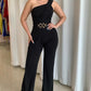 One Shoulder Sleeveless Metal Belt Decor Jumpsuit Casual Wide Leg Rompers