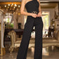 One Shoulder Sleeveless Metal Belt Decor Jumpsuit Casual Wide Leg Rompers