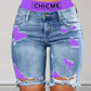 Colorblock Letter Print Ripped 2 In 1 Denim Shorts