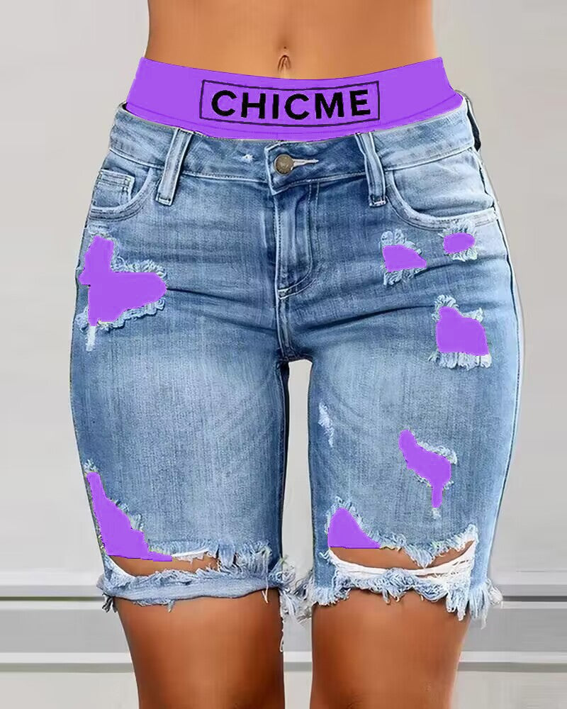 Colorblock Letter Print Ripped 2 In 1 Denim Shorts