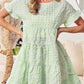 Green Stripe Textured Tiered Short Sleeve Loose Mini Dress
