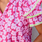 Pink Floral Contrast Ric Rac Layered Ruffle Sleeve Blouse