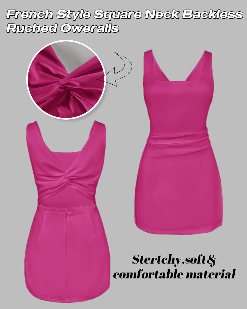 French Style Square Neck Backless Ruched Overalls Twist Back Slim Fit Faux Two Piece Skort Romper