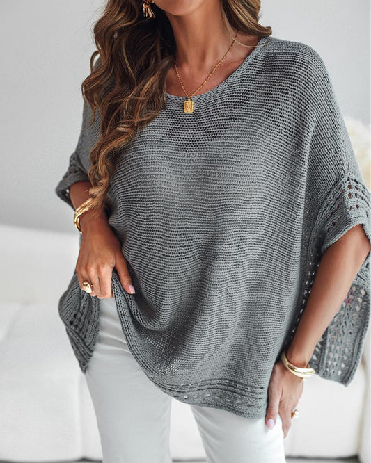 Solid Batwing Sleeve Hollow out Crochet Pattern Top Casual Cover Up