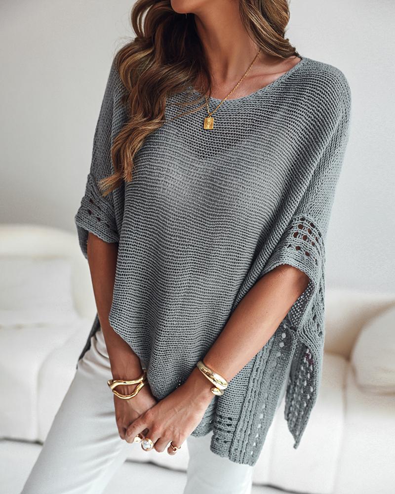 Solid Batwing Sleeve Hollow out Crochet Pattern Top Casual Cover Up