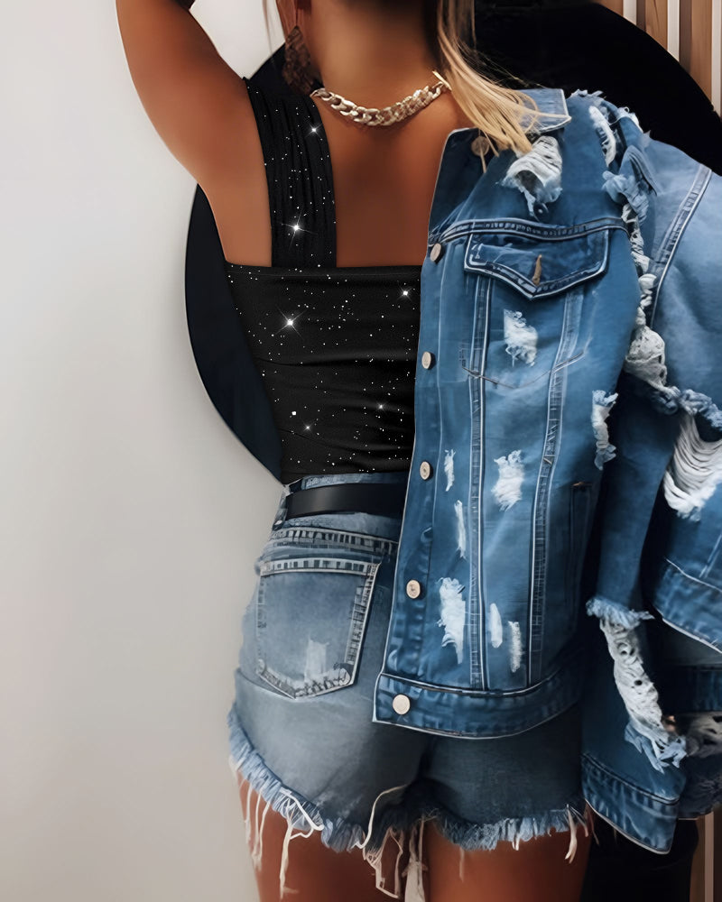 Glitter Metal Decor U Neck Thick Strap Slim Fit Tank Top