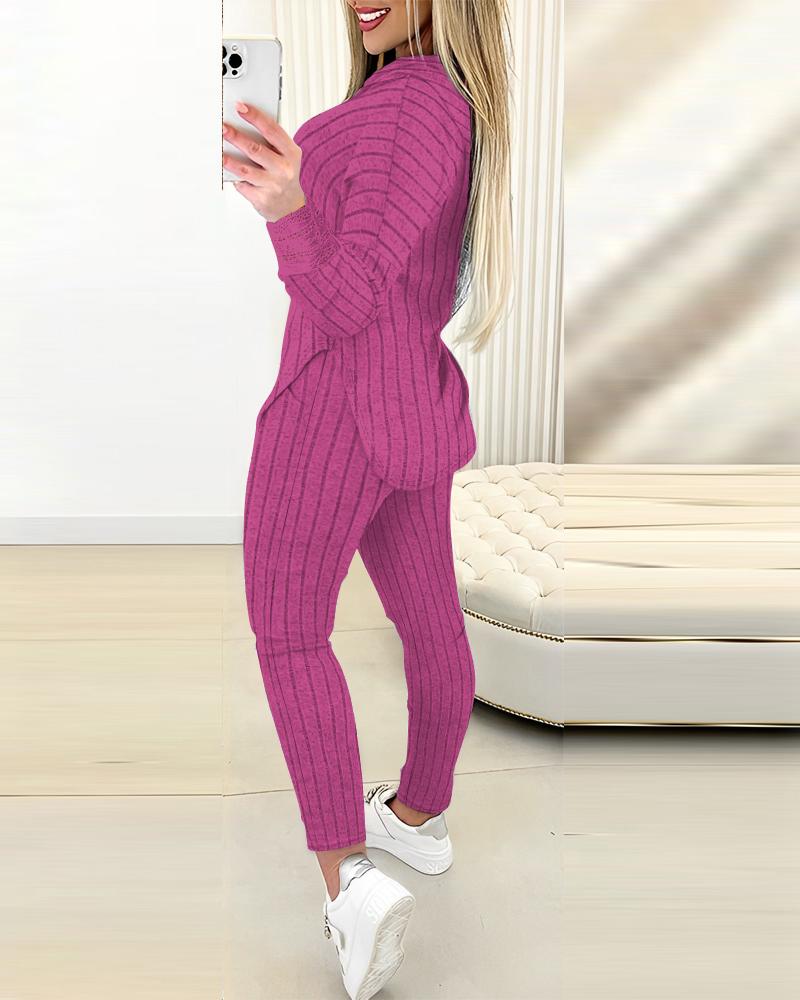 Lace Patch Ribbed Hooded Top & Pocket Design Pants Set