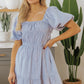 Sky Blue Stripe Bubble Sleeve Square Neck Ruched Pocketed Babydoll Dress