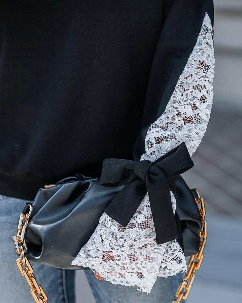 Colorblock Floral Pattern Tied Long Sleeve Lace Patch Sweatshirt