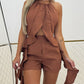 2 Pieces Outfit Asymmetrical Ruffles Halter Back Tied Detail Top and Casual Shorts Set