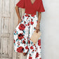 2 Pieces Outfit Plain V Neck Short Sleeve Ruched Top and Casual Floral Print Wide Leg Pants Set