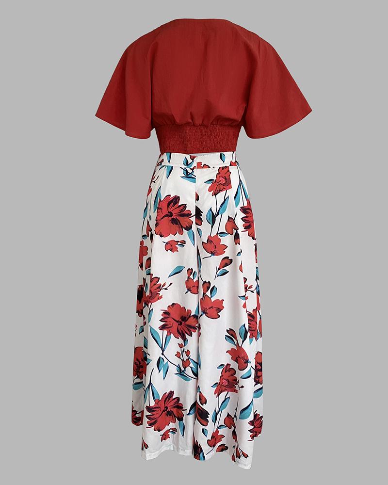 2 Pieces Outfit Plain V Neck Short Sleeve Ruched Top and Casual Floral Print Wide Leg Pants Set