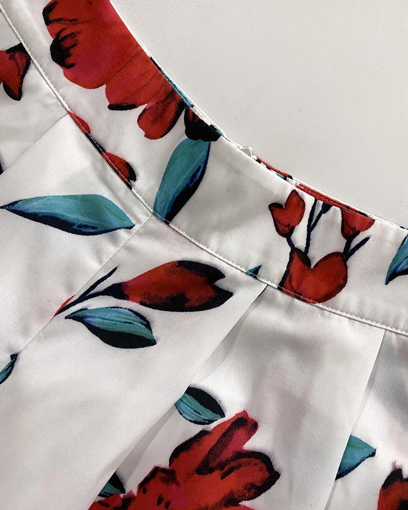 2 Pieces Outfit Plain V Neck Short Sleeve Ruched Top and Casual Floral Print Wide Leg Pants Set