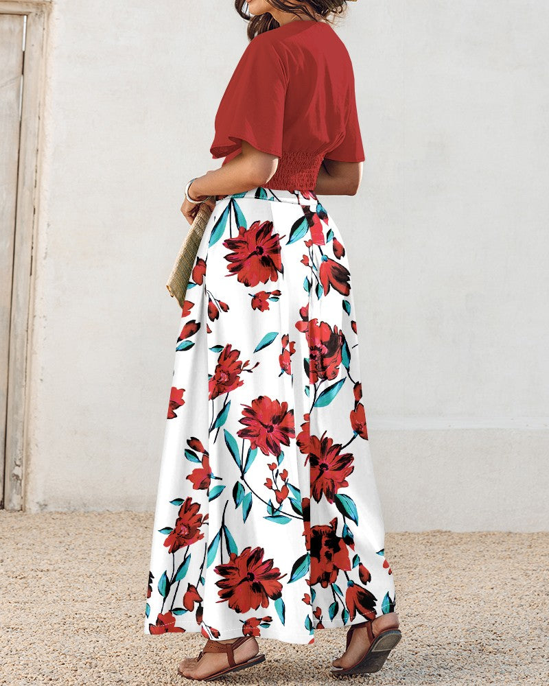 2 Pieces Outfit Plain V Neck Short Sleeve Ruched Top and Casual Floral Print Wide Leg Pants Set