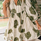 Guacamole Green Floral Striped Print Contrast Piping Puff Sleeve Dress