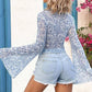 Sky Blue Floral Bell Sleeve Mock Neck Crop Mesh Top