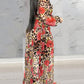 Leopard Floral Print Lantern Sleeve Sheer V Neck Pleated Maxi Dress Elegant Evening Dress