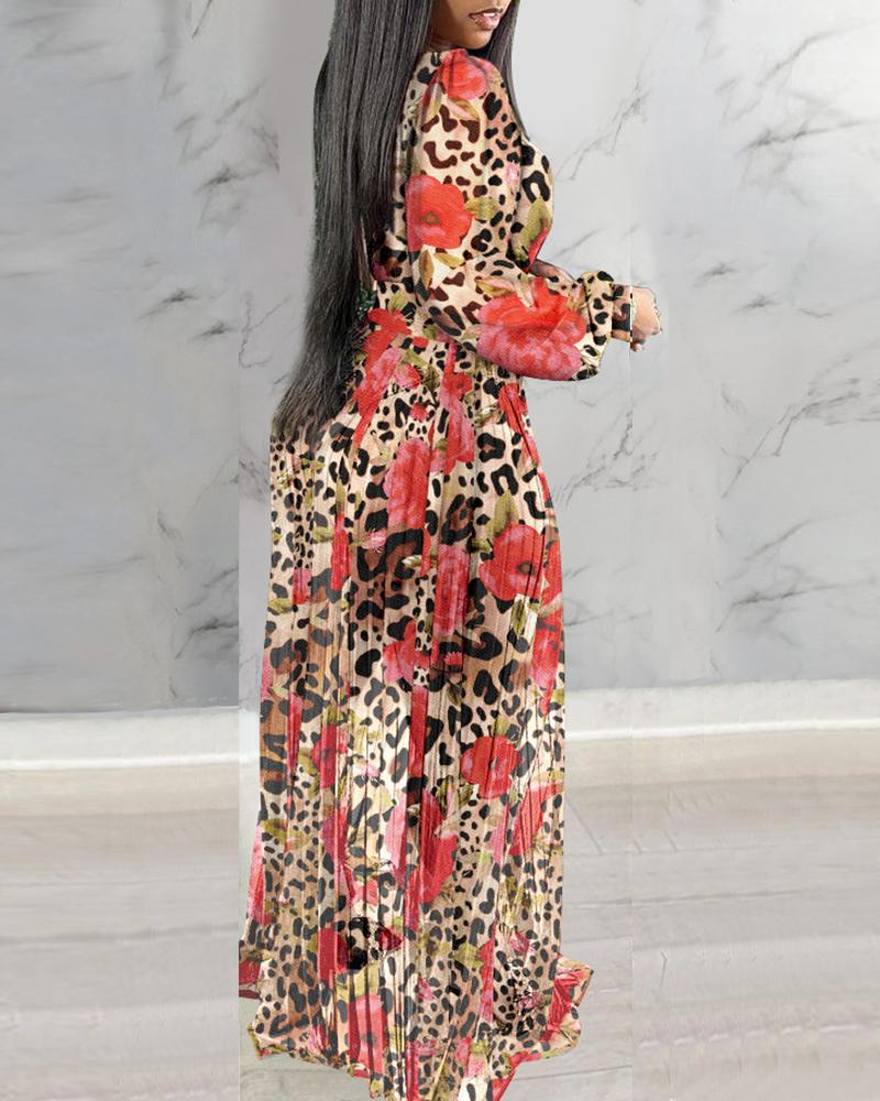 Leopard Floral Print Lantern Sleeve Sheer V Neck Pleated Maxi Dress Elegant Evening Dress