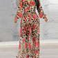 Leopard Floral Print Lantern Sleeve Sheer V Neck Pleated Maxi Dress Elegant Evening Dress