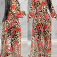 Leopard Floral Print Lantern Sleeve Sheer V Neck Pleated Maxi Dress Elegant Evening Dress