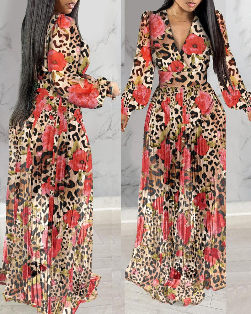 Leopard Floral Print Lantern Sleeve Sheer V Neck Pleated Maxi Dress Elegant Evening Dress