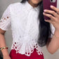 Lace Turn down Collar Short Sleeve Blouse Casual Hollow out Asymmetrical Hem Crop Top