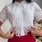 Lace Turn down Collar Short Sleeve Blouse Casual Hollow out Asymmetrical Hem Crop Top