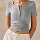 Henley V Neck Short Sleeve Tops Casual Button Up Ribbed Knit T Shirt