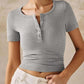 Henley V Neck Short Sleeve Tops Casual Button Up Ribbed Knit T Shirt