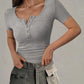 Henley V Neck Short Sleeve Tops Casual Button Up Ribbed Knit T Shirt