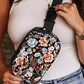 Black Floral Print Zipper Wide Strap Sling Bag