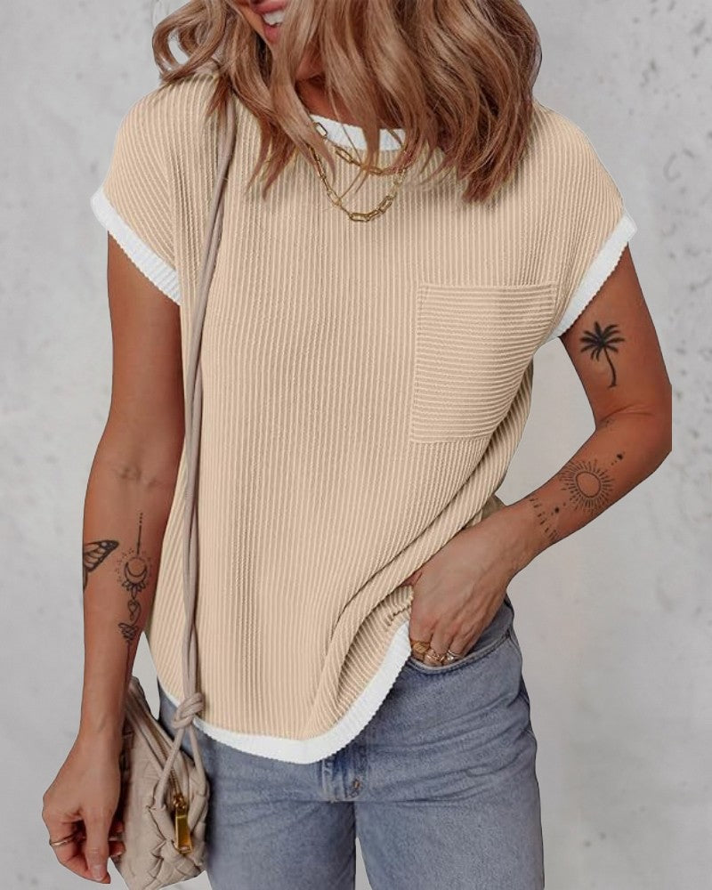 Colorblock Round Neck Short Sleeve Ribbed T Shirt Casual Loose Fit Kni Top
