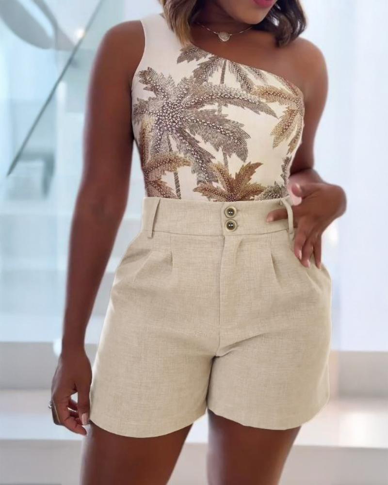 Plain Casual High Waist Pockets Pleated Shorts