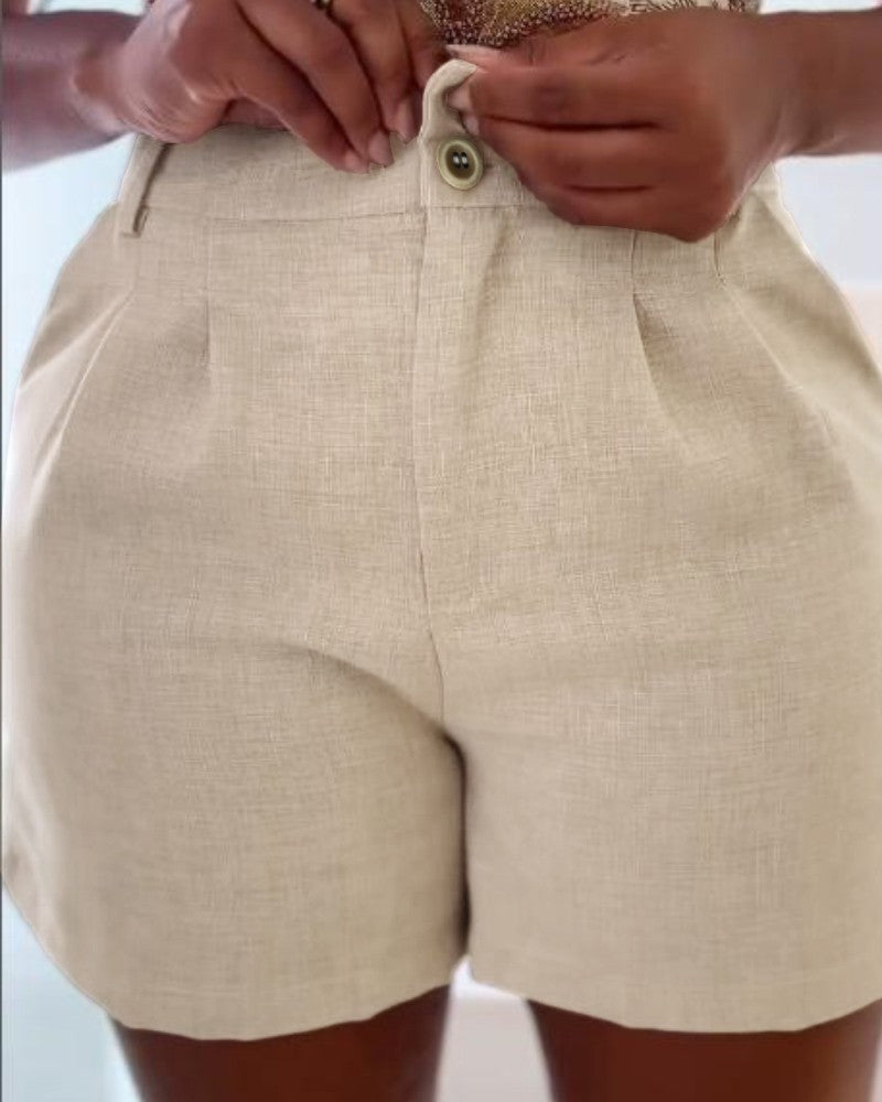 Plain Casual High Waist Pockets Pleated Shorts