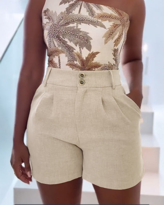 Plain Casual High Waist Pockets Pleated Shorts