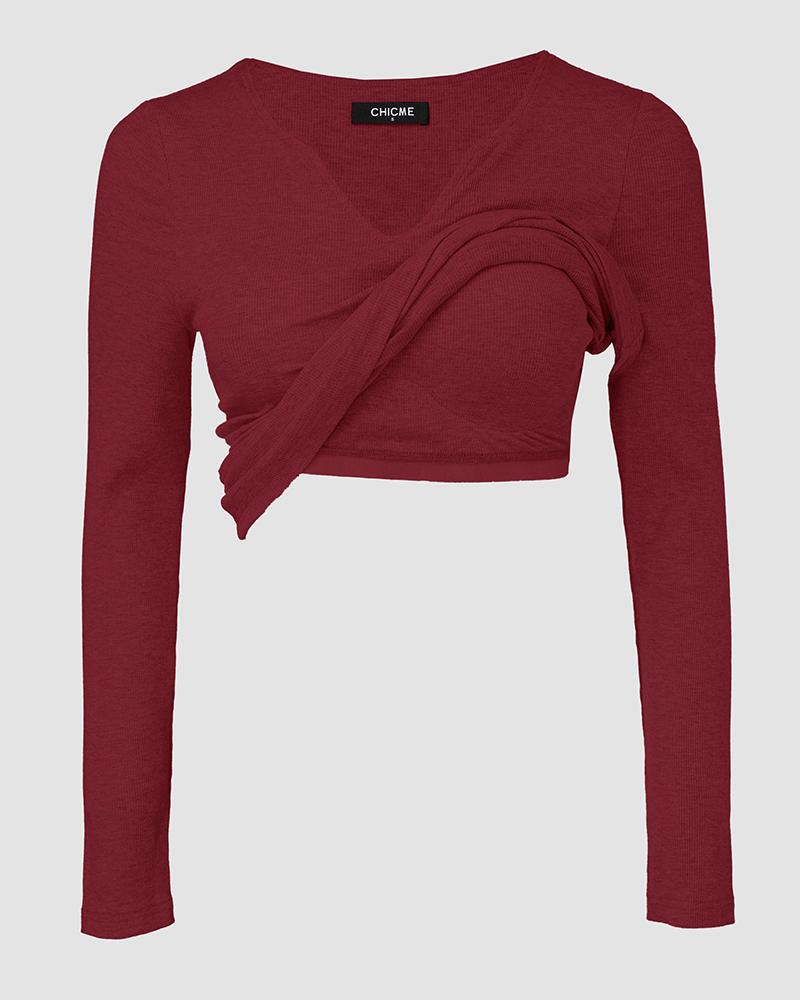 Notch Neck Built in Bra Ruched Waist Rib knit Top