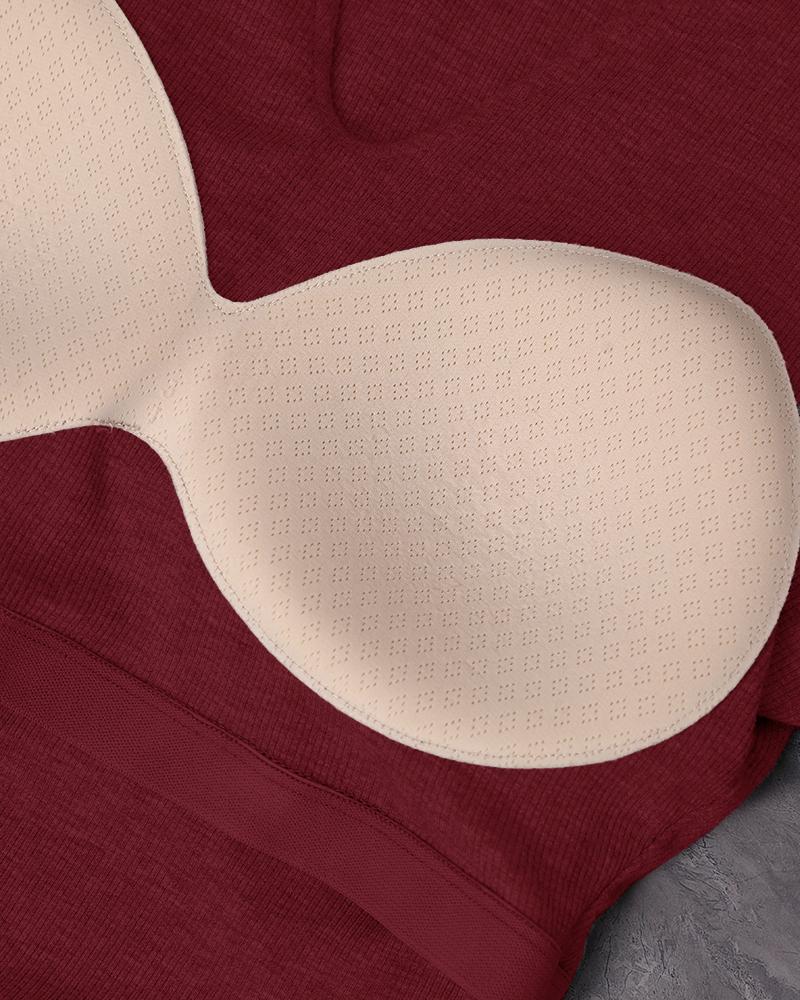 Notch Neck Built in Bra Ruched Waist Rib knit Top