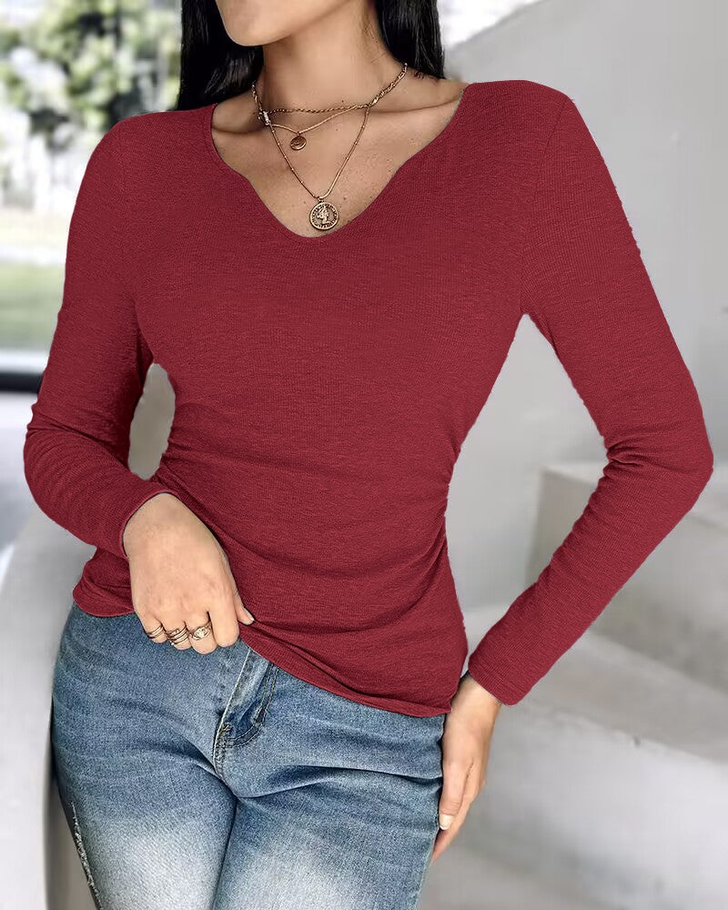 Notch Neck Built in Bra Ruched Waist Rib knit Top
