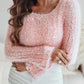 Skew Neck Bell Sleeve Textured Fuzzy Knit Sweater