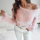 Skew Neck Bell Sleeve Textured Fuzzy Knit Sweater