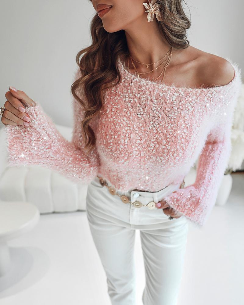 Skew Neck Bell Sleeve Textured Fuzzy Knit Sweater