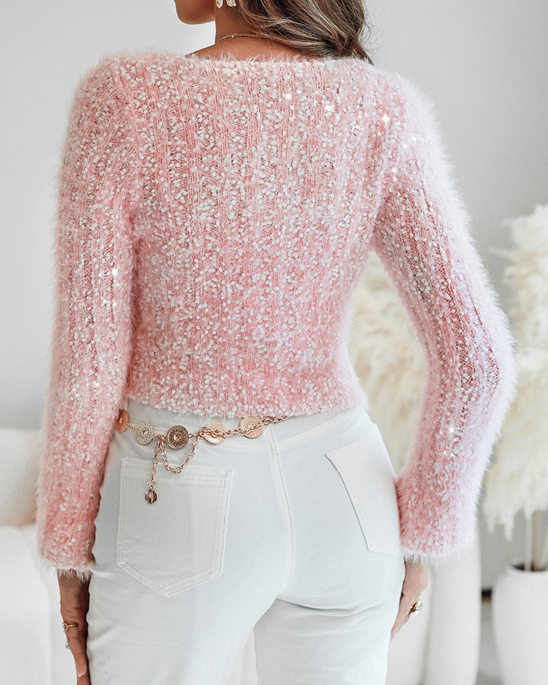Skew Neck Bell Sleeve Textured Fuzzy Knit Sweater