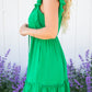 Bright Green Split V Neck Elastic Waist Ruffled Dress
