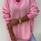 Pink Striped Scallop V Neck Loose Sweater with Slits