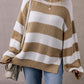 Light French Beige Colorblock Striped Drop Shoulder Side Slit Sweater