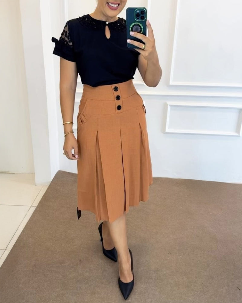 Casual Button Ruched Mid Calf Skirt